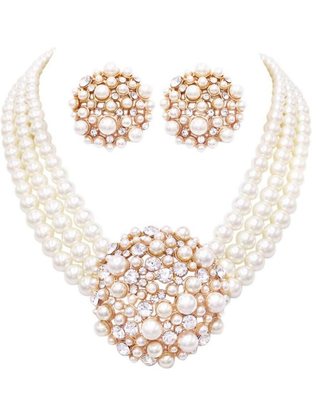 Unique Circular Design Crystal Rhinestone & Pearl Necklace Earrings Bridal Set